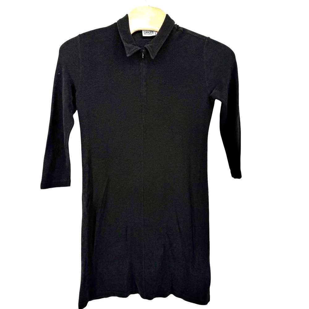 CHICOS DESIGN‎ Black 3/4 Sleeve Zip Front Collar Dress Size 3 (XL) Wrinkle Free